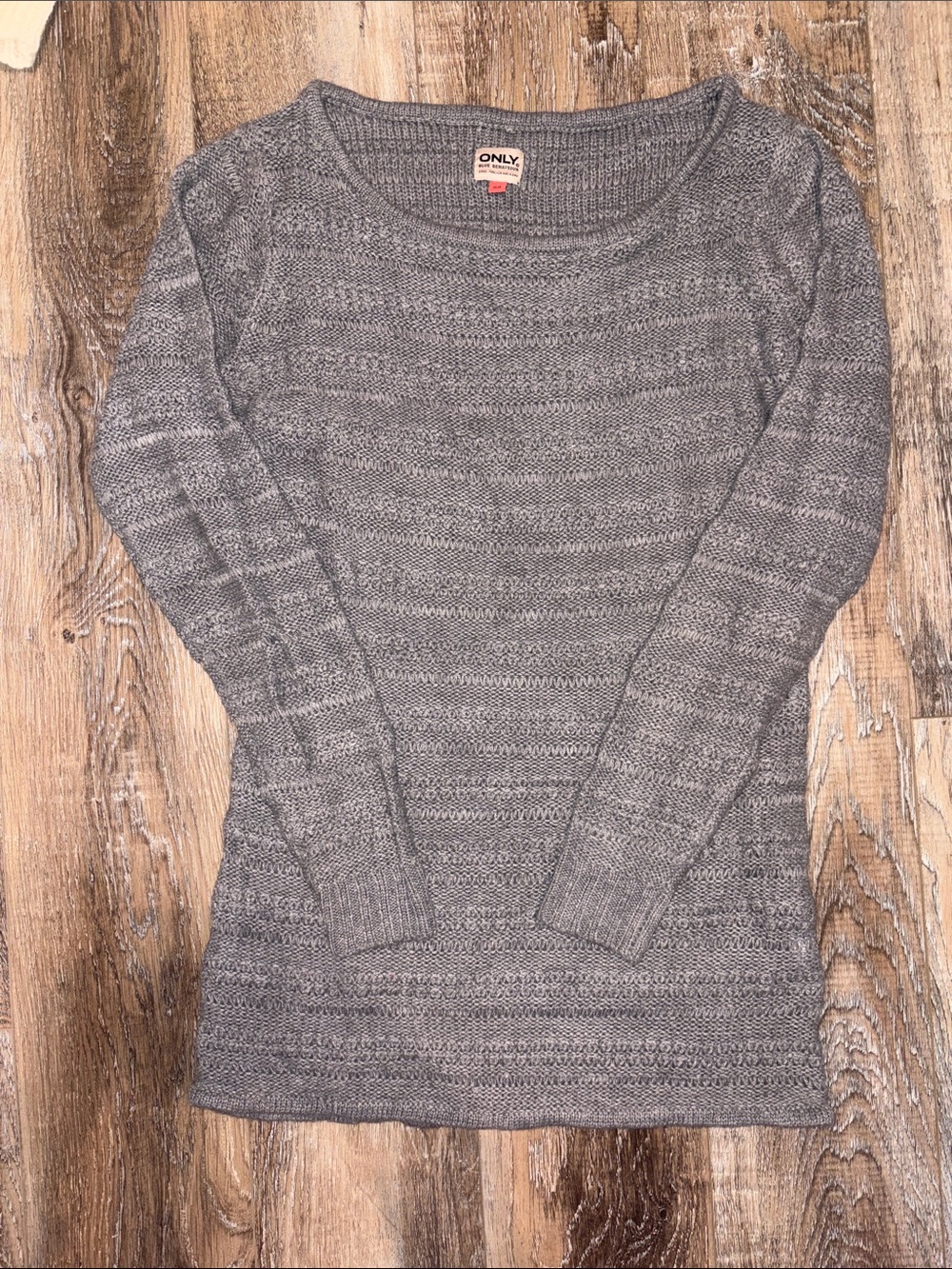 ONLY Gray Textured Knit Crewneck Sweater